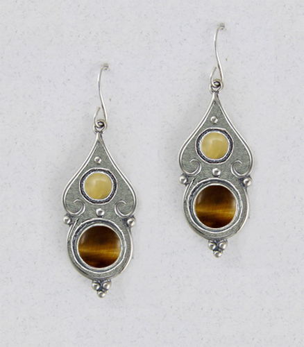 Sterling Silver Tiger Eye And Yellow Aragonite Gemstone Drop Dangle Earrings Sterling Silver Tiger Eye And Yellow Aragonite Gemstone Drop Dangle Earrings